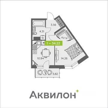 1-к кв. Архангельская область, Архангельск ул. Валявкина, 38 (34.22 м)