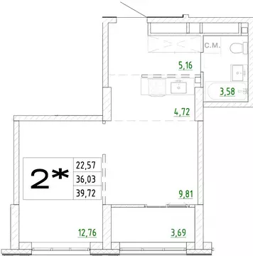 2-к кв. Приморский край, Владивосток Архитектор жилой комплекс (39.72 ...