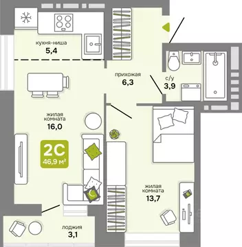 2-к кв. Новосибирская область, Новосибирск ул. Костычева, 17 (46.9 м)