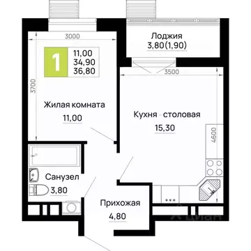 1-к кв. Адыгея, Тахтамукайский район, Яблоновский пгт  (36.8 м)