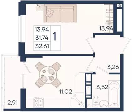 1-к кв. Краснодарский край, Краснодар  (32.61 м)