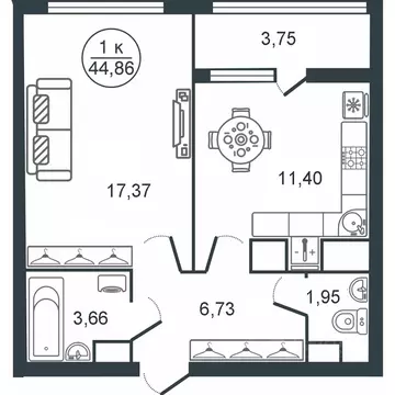 1-к кв. Тверская область, Тверь Южный мкр,  (44.86 м)