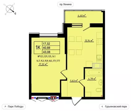 1-комнатная квартира: Обнинск, улица Мира, 2 (43.08 м)