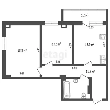 2-комнатная квартира: Тюмень, Вересковая улица, 11 (60.8 м)
