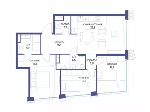 3-комнатная квартира: Москва, улица Нижние Мнёвники, 7 (87.62 м)