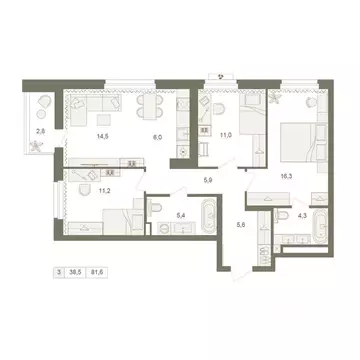 3-к кв. Башкортостан, Уфа Родина Парк жилой комплекс (81.6 м)