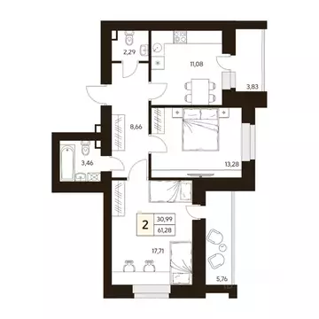 2-к кв. Башкортостан, Уфа ул. Жуковского, 19А (61.28 м)