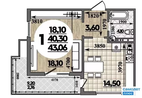 1-комнатная квартира: Анапа, улица Адмирала Пустошкина, 22к10 (43.06 ...