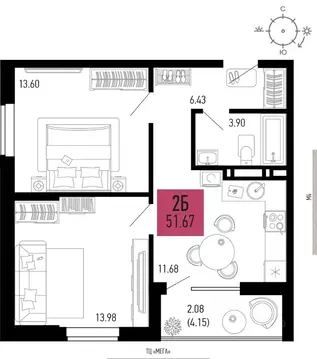 2-к кв. Ростовская область, Аксай  (51.67 м)