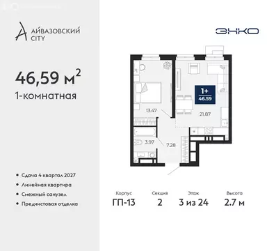 1-комнатная квартира: Тюмень, ЖК Айвазовский Сити (46.59 м)