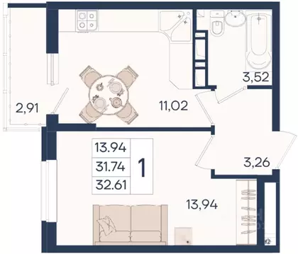 1-к кв. Краснодарский край, Краснодар  (32.61 м)