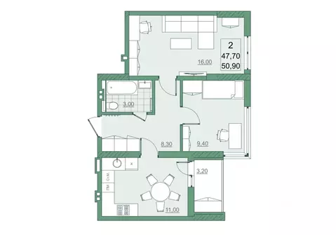 2-к кв. Саратовская область, Саратов просп. Героев Отечества, 7 (47.7 ...