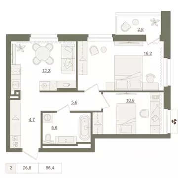 2-к кв. Башкортостан, Уфа Родина Парк жилой комплекс (56.4 м)