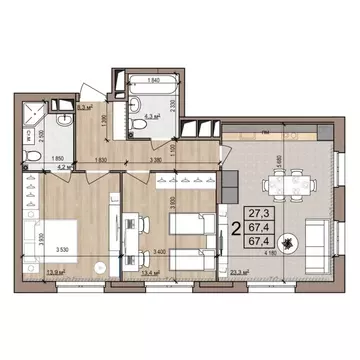 2-к кв. Рязанская область, Рязань ул. Новоселов, 33Б (67.4 м)