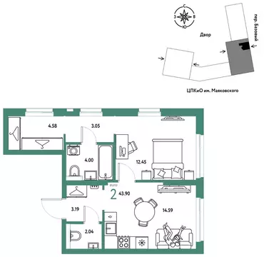 2-к кв. Свердловская область, Екатеринбург пер. Базовый, 10 (43.9 м)