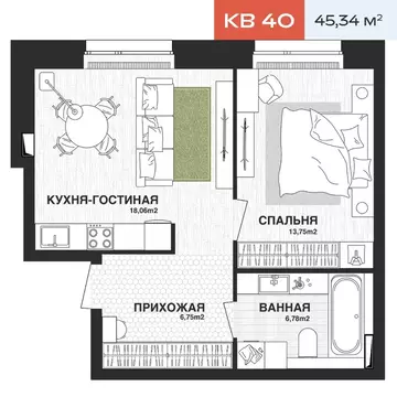 1-к кв. Самарская область, Самара Парковый пер. (45.34 м)