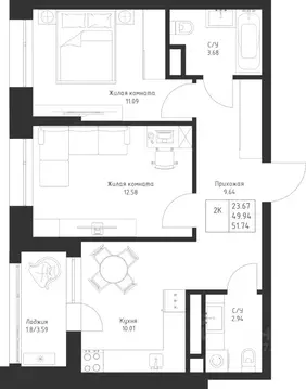 2-к кв. Татарстан, Казань Седьмое Небо жилрайон,  (51.74 м)