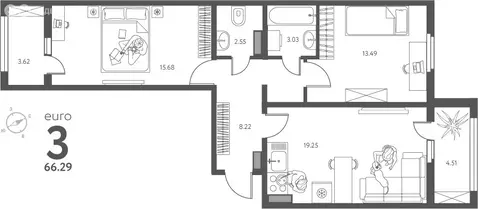 2-комнатная квартира: Липецк, улица Перова, 2 (66.29 м)