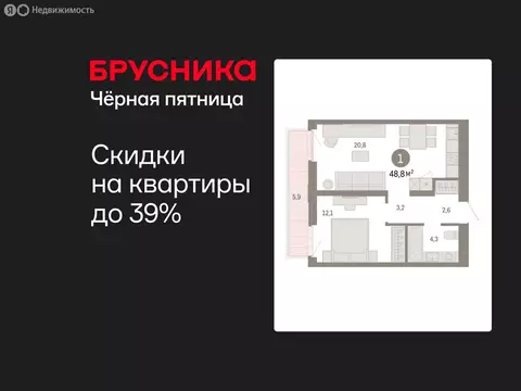 1-комнатная квартира: Тюмень, улица Республики, 205к3 (48.75 м)