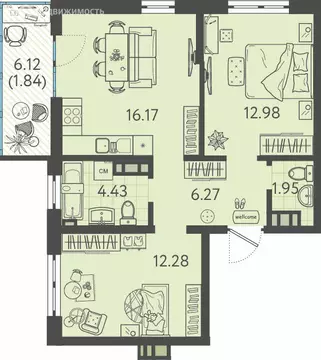 2-комнатная квартира: Краснодар, улица имени Б.С. Кудухова, 1к1 (55.36 ...