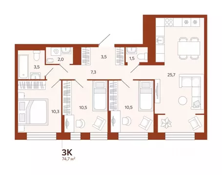 3-к кв. Тюменская область, Тюмень ул. Новаторов, 30 (74.7 м)