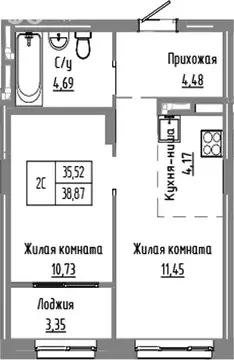 2-комнатная квартира: Краснообск, жилой комплекс Базилик (35.52 м)