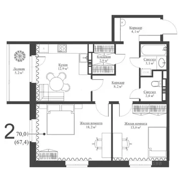 2-к кв. Татарстан, Зеленодольск Мирный мкр,  (68.0 м)