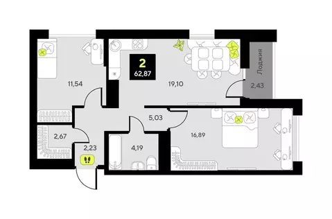 2-комнатная квартира: Тюмень, улица Первооткрывателей, 11 (60.4 м)