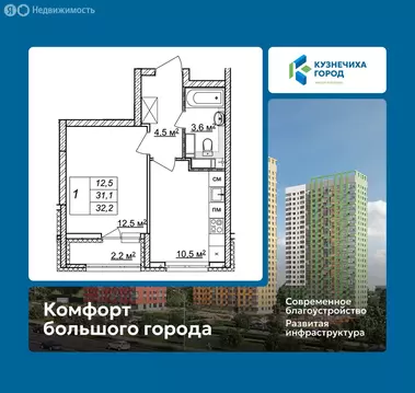 1-комнатная квартира: Нижний Новгород, ЖК Кузнечиха Город, 13 (32.2 м)