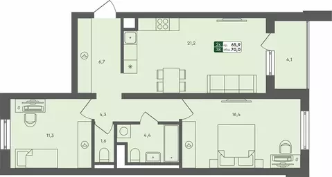 2-комнатная квартира: Екатеринбург, жилой комплекс Совушки (69.9 м)
