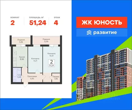 2-к кв. Самарская область, Самара Юность жилой комплекс (51.24 м)