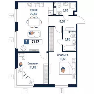 2-к кв. Ленинградская область, Мурино Всеволожский район,  (71.12 м)