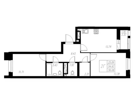 2-к кв. Татарстан, Казань Статный жилой комплекс, 1 (56.08 м)