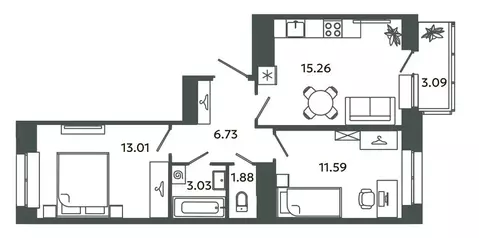 2-комнатная квартира: Новоселье, Аннинская улица, 4 (52.96 м)