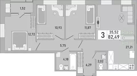 3-к кв. Башкортостан, Уфа Бакалинская ул., 9/1 (82.49 м)