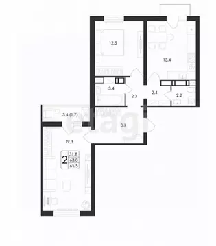 2-к кв. Воронежская область, Воронеж ул. Адмирала Чурсина, 12 (64.1 м)