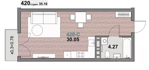 1-к кв. Калининградская область, Зеленоградск ул. Гагарина (35.1 м)