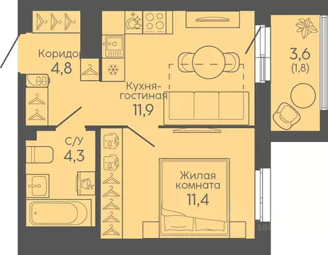 1-к кв. Свердловская область, Екатеринбург Новокольцовский мкр, ...