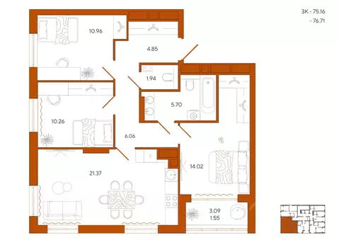 3-к кв. Пензенская область, Пенза Терра жилой комплекс (76.71 м)