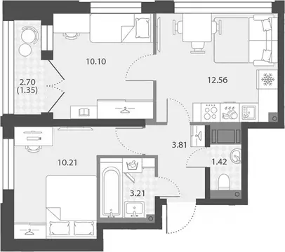 2-к кв. Санкт-Петербург ул. Дыбенко, 3 (42.66 м)