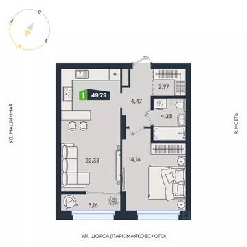 1-к кв. Свердловская область, Екатеринбург ул. Машинная, 1В/4 (49.79 ...