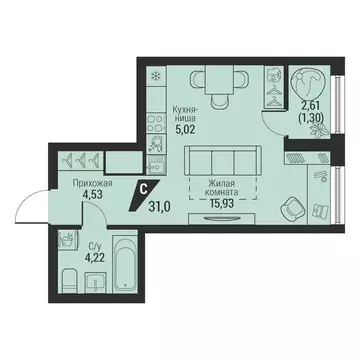 1-комнатная квартира: Екатеринбург, проспект Космонавтов, 100 (31 м)