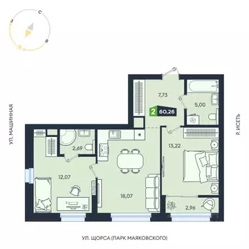 2-к кв. Свердловская область, Екатеринбург ул. Машинная, 1В/4 (60.26 ...