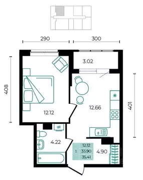 1-к кв. Адыгея, Майкопский район, пос. Тульский  (35.41 м)