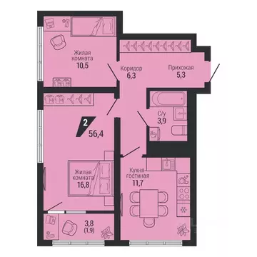2-к кв. Свердловская область, Екатеринбург Вторчермет жилрайон,  (56.4 ...