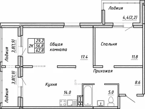 2-к кв. Новосибирская область, Новосибирск ул. Связистов, 13/1 (62.8 ...
