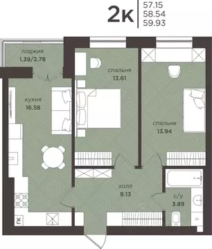 2-к кв. Калининградская область, Гурьевск  (58.54 м)