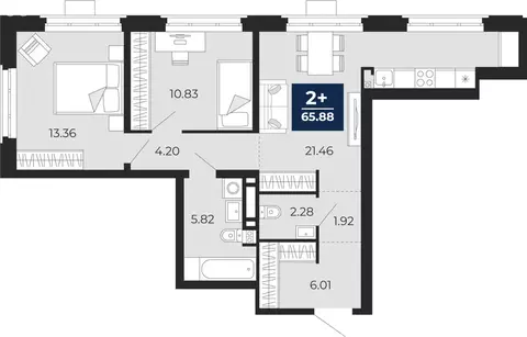 2-комнатная квартира: Тюмень, ЖК Айвазовский Сити (65.88 м)