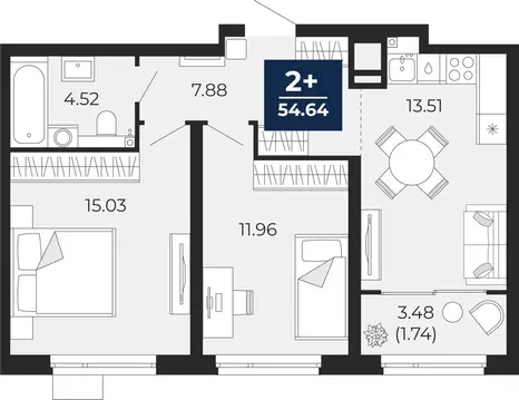2-комнатная квартира: Тюмень, Арктическая улица, 16 (56.38 м)