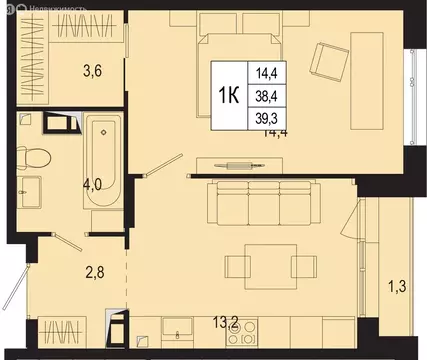 1-комнатная квартира: Московская область, городской округ Подольск, ...